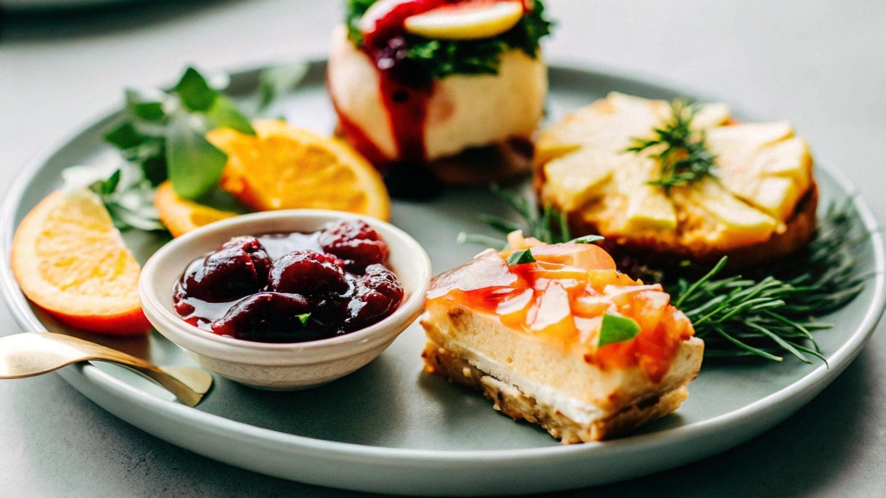 Ocean Spray cranberry sauce served in creative ways, including as a turkey glaze, sandwich spread, cheesecake topping, parfait layer, and salad dressing, displayed on a festive table with rustic tableware and fresh garnishes