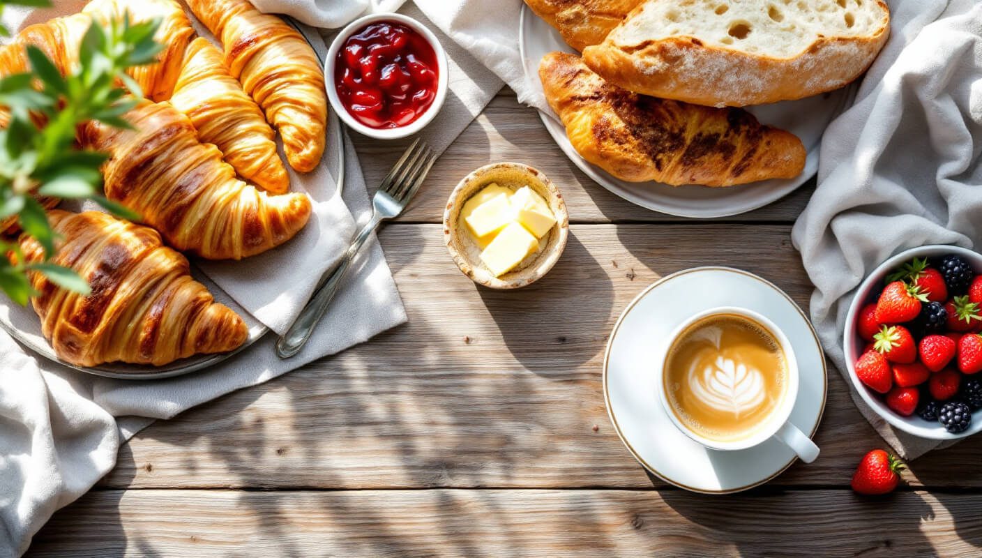 A beautiful French breakfast spread featuring fresh croissants, pain au chocolat, a crusty baguette with butter and jam, a bowl of fresh berries, and a steaming café au lait in a white ceramic cup