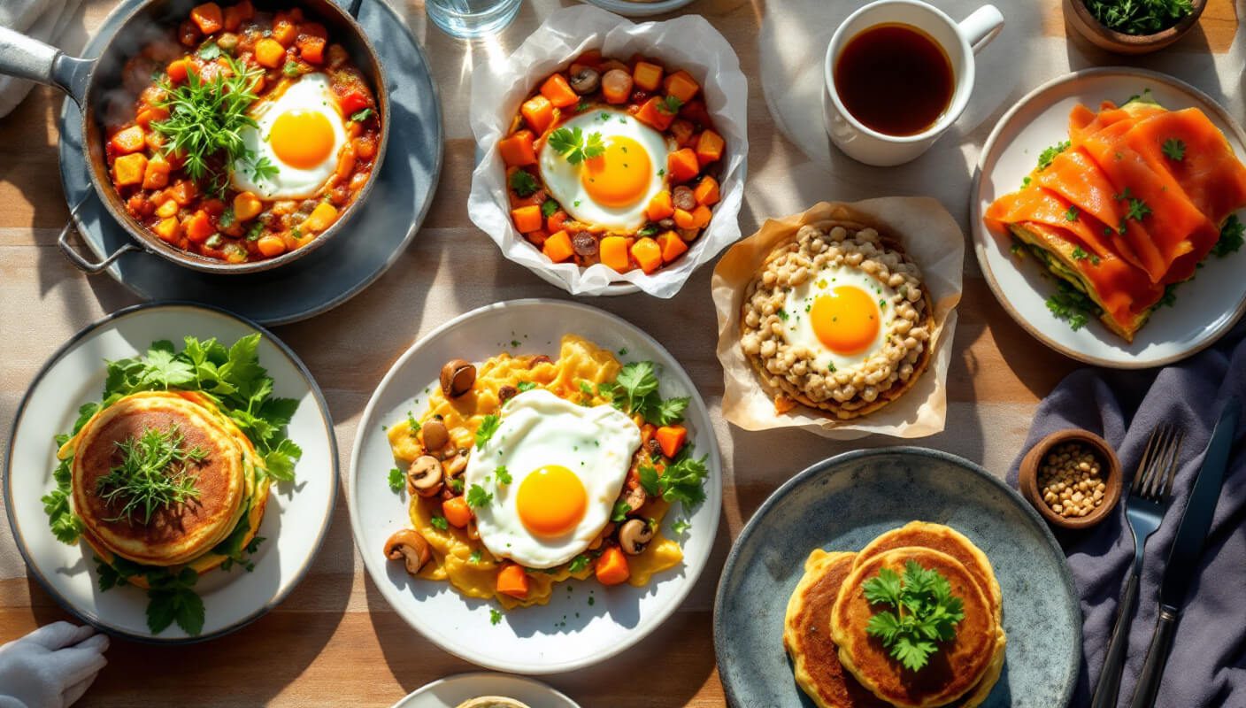 A beautiful spread of savory breakfast dishes including shakshuka with poached eggs, avocado toast with microgreens, breakfast burrito, savory oatmeal with mushrooms, and savory pancakes topped with smoked salmon and herbs