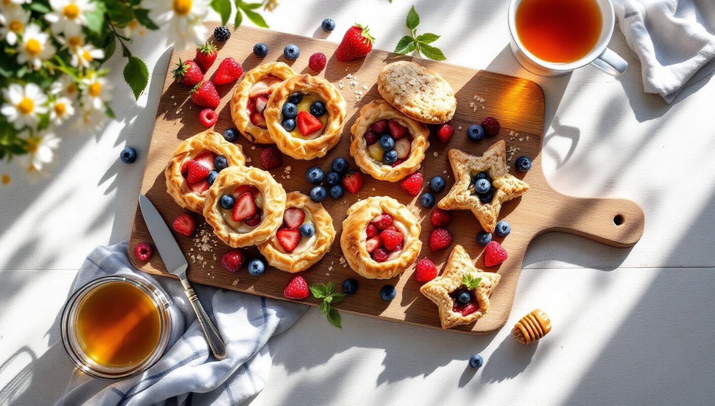 Assortment of healthy breakfast pastries on a wooden board with fresh berries