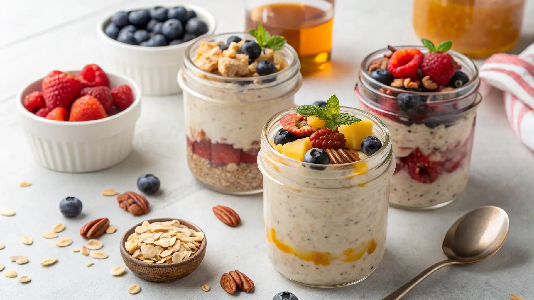 Colorful jars of overnight oats topped with fresh berries, nuts, and honey