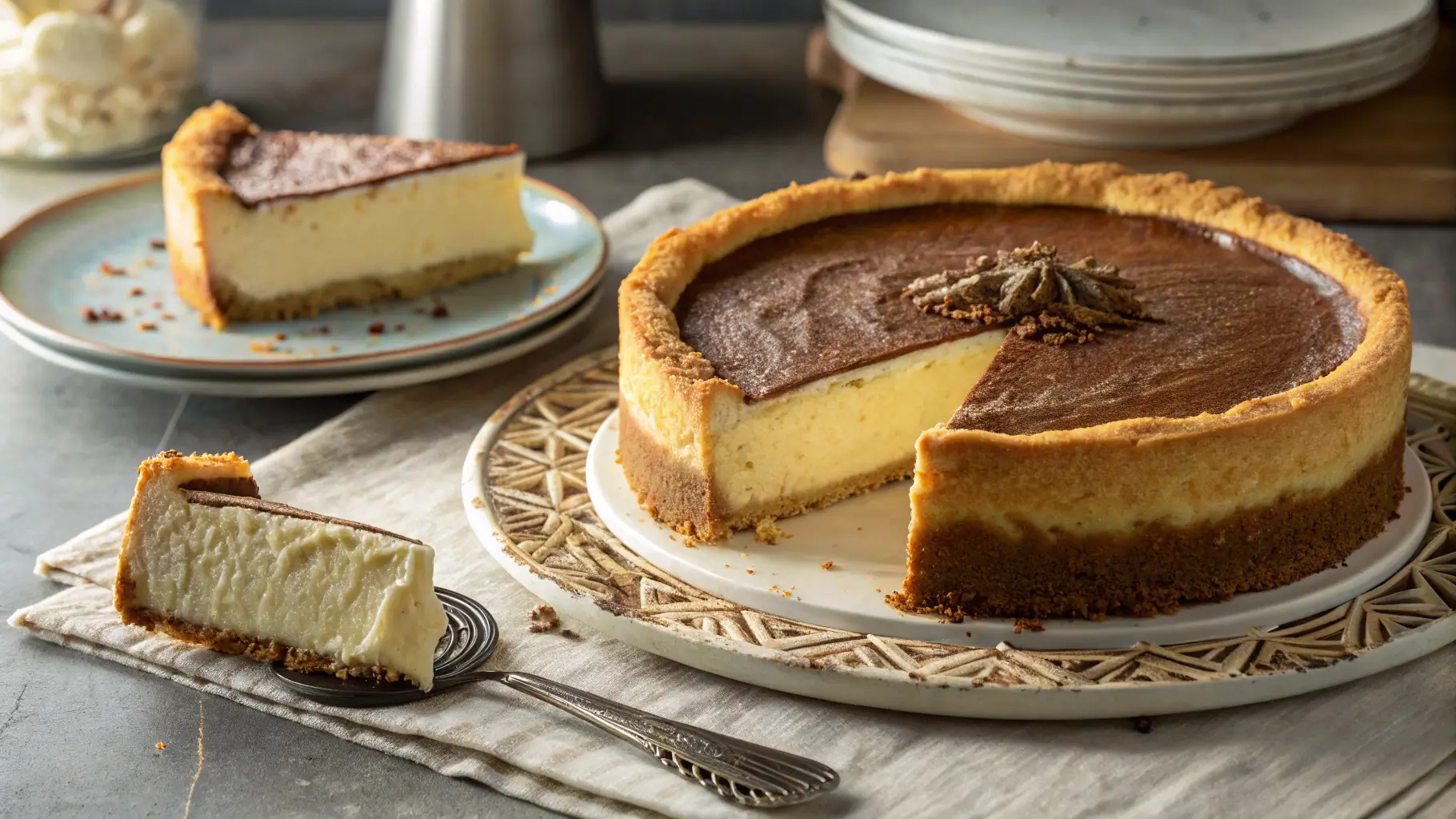 Crescent roll cheesecake with golden brown top layer and creamy filling on a decorative plate