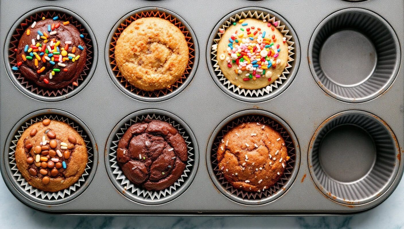 Freshly baked chocolate cake mix muffins with colorful sprinkles in a muffin tin