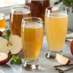 Various types of apple juice in different glasses showing range of colors from clear golden to cloudy amber
