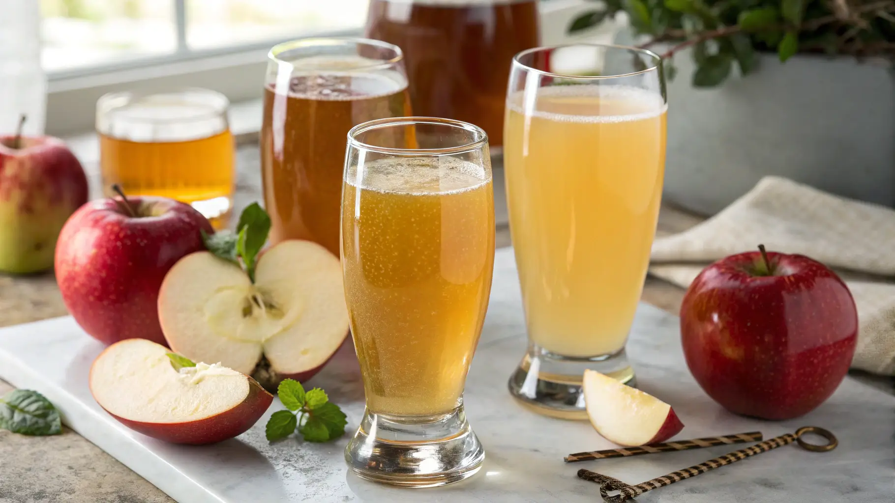 Various types of apple juice in different glasses showing range of colors from clear golden to cloudy amber