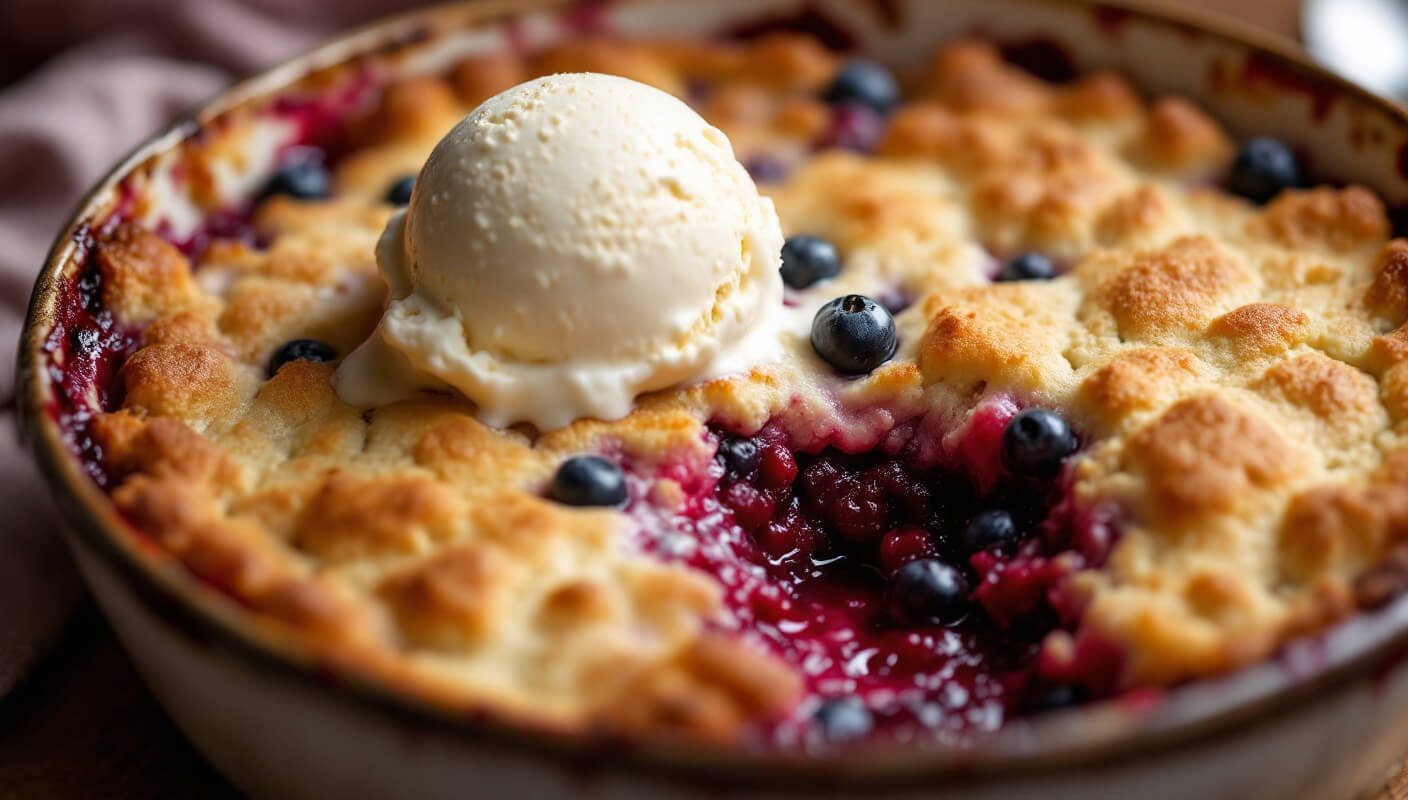 Warm berry cobbler with cake mix topped with vanilla ice cream